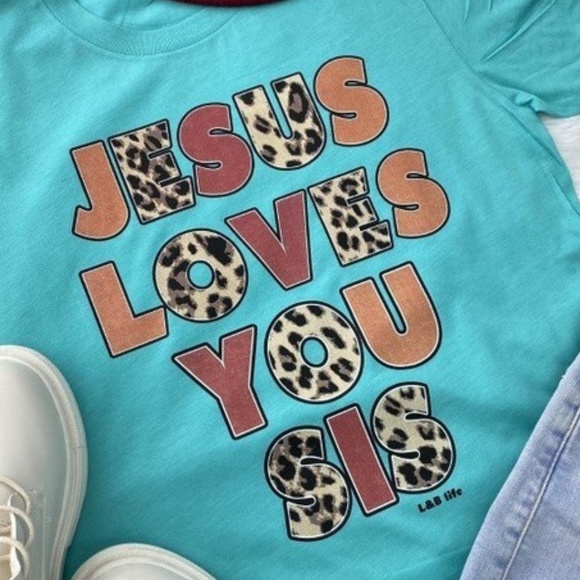Turquoise & Animal Print Graphic Jesus Loves You Sis Graphic Tee - Picture 2 of 2